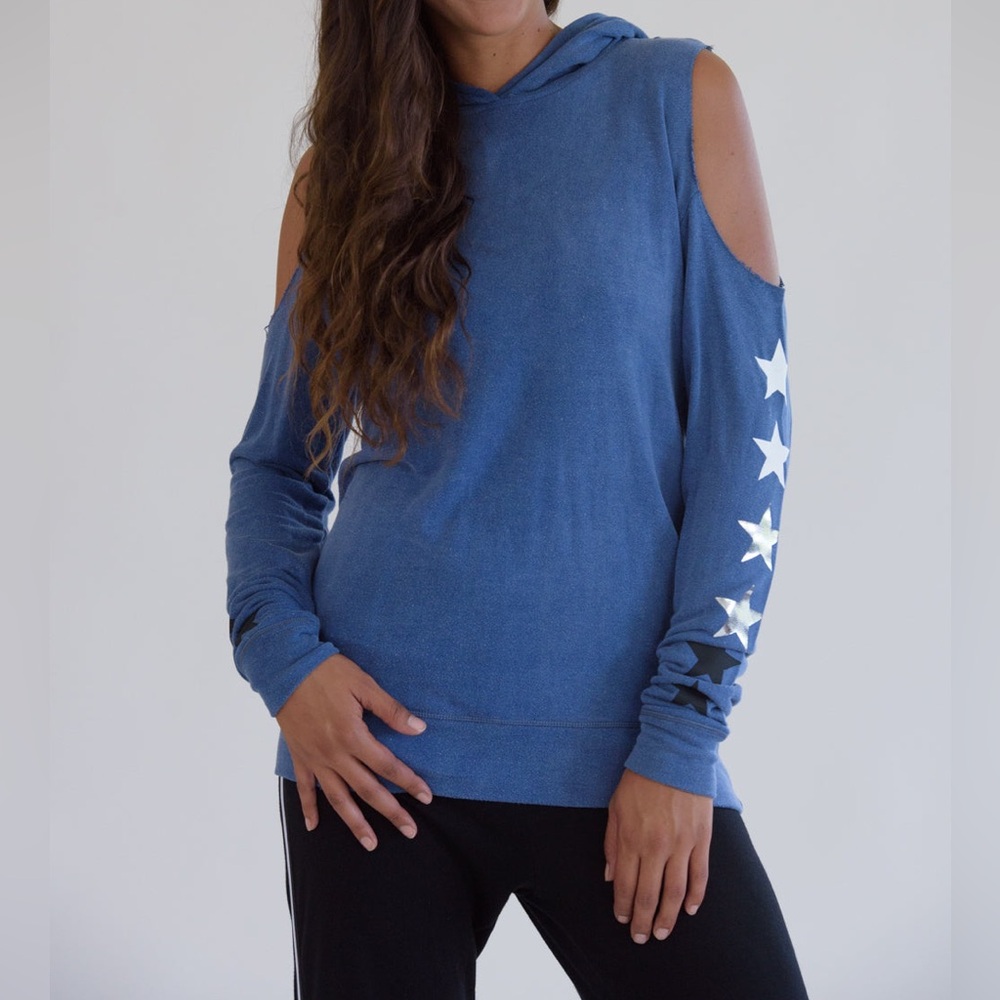 Global Love Blue Cold Shoulder Multi Star Hoodie